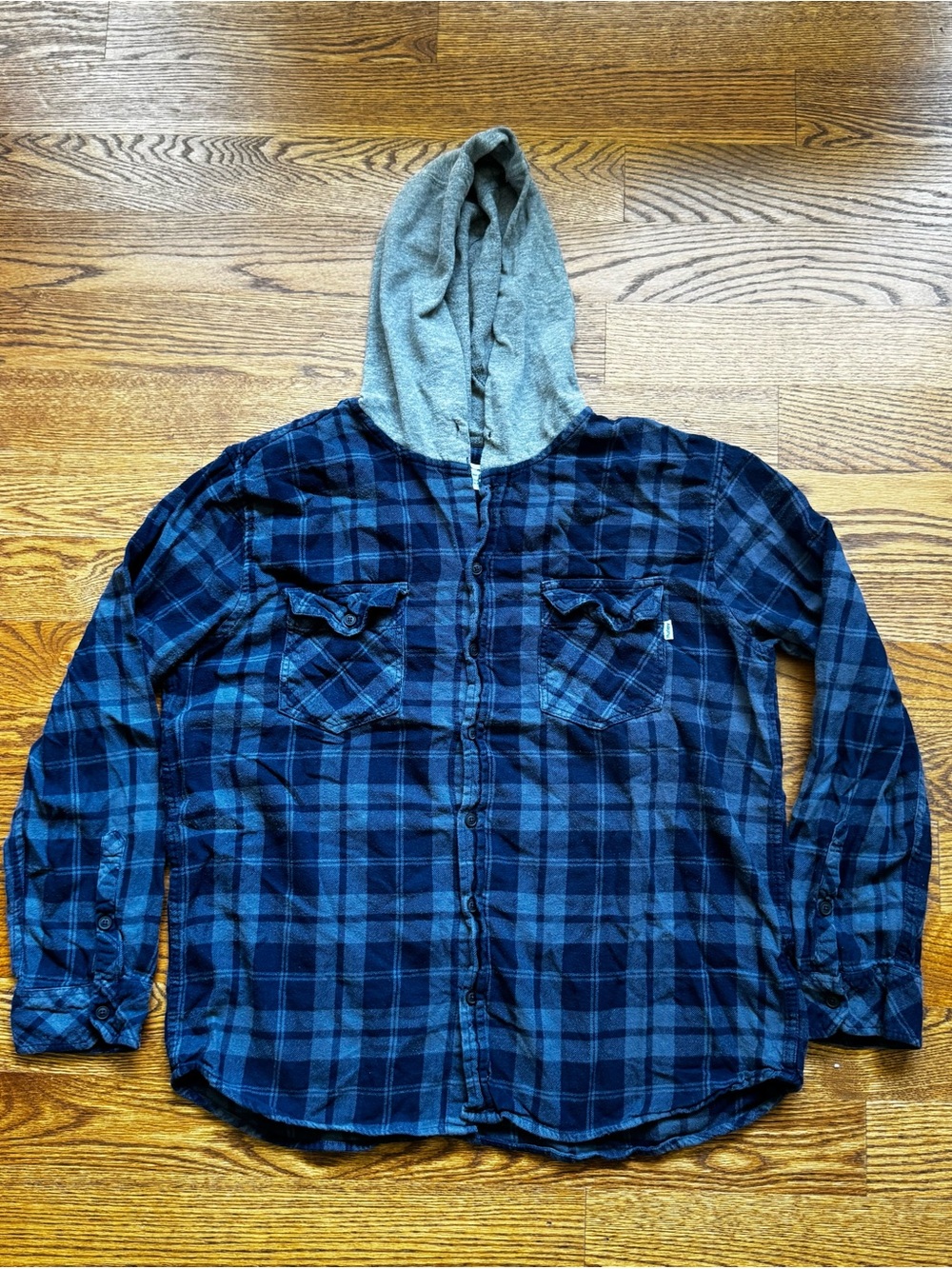 Hurley Men’s XL Blue Plaid Hooded Flannel Button Up Shirt
